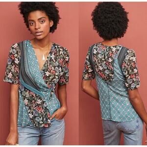 Anthropologie TINY teal floral wrap blouse women's size small